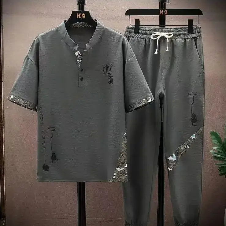 (Shirt + trousers) 2026 summer fashion men shirt Cotton shirts men's sets High quality shirts Two Piece size M-4XL TZ0195