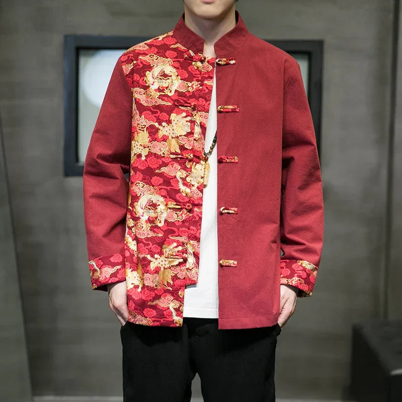 Men's Shirts Embroidered 2026 Spring Chinese Style Retro Stand Collar Jacket Cotton Linen Cardigan Men's Kungfu Loose Casual Top