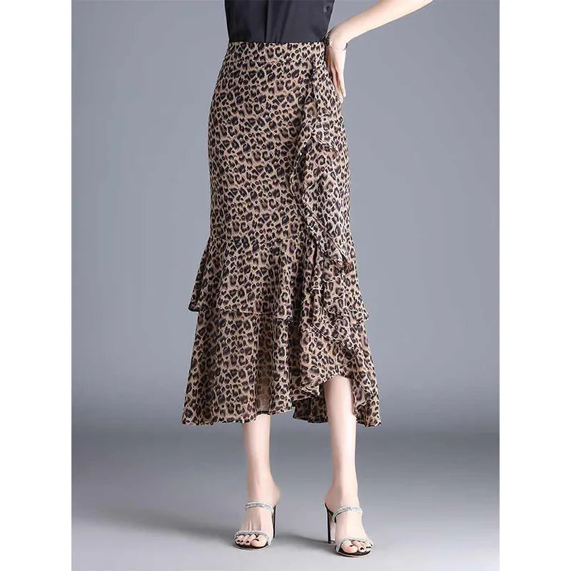 Floral Lotus Leaf Chiffon Skirt for Women in Spring and Summer New Irregular New Fishtail Mid-length Skirt