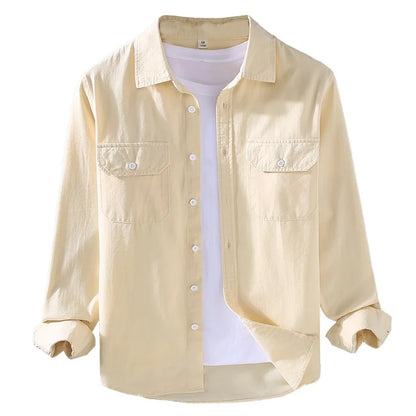 Men's Spring Autumn Long Sleeve Pure Color Cotton Casual Shirt Loose Fit Fashion Outerwear Workwear Style Zipper Closure