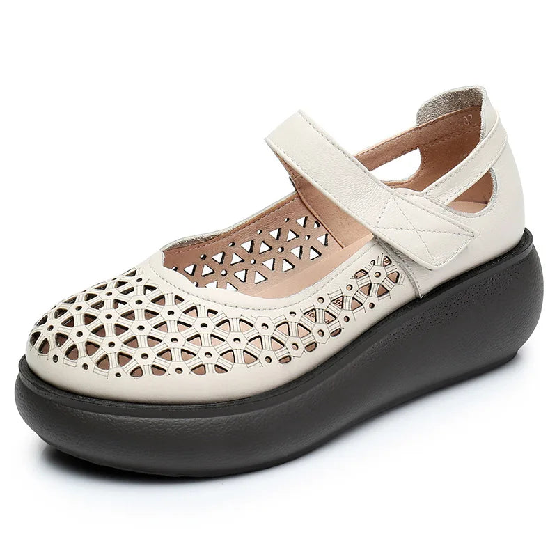 GKTINOO Genuine Leather Shoes Wedges Women Sandals 2026 New Spring Summer Hook & Loop Hollow Platform Sandals Large Size