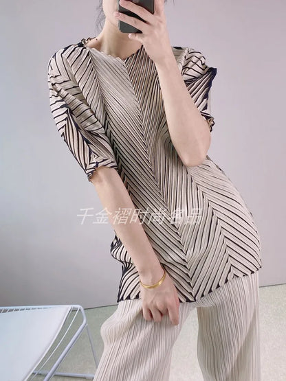 Miyake Pleated Fish Scale Printed Tops Women 2023 Summer