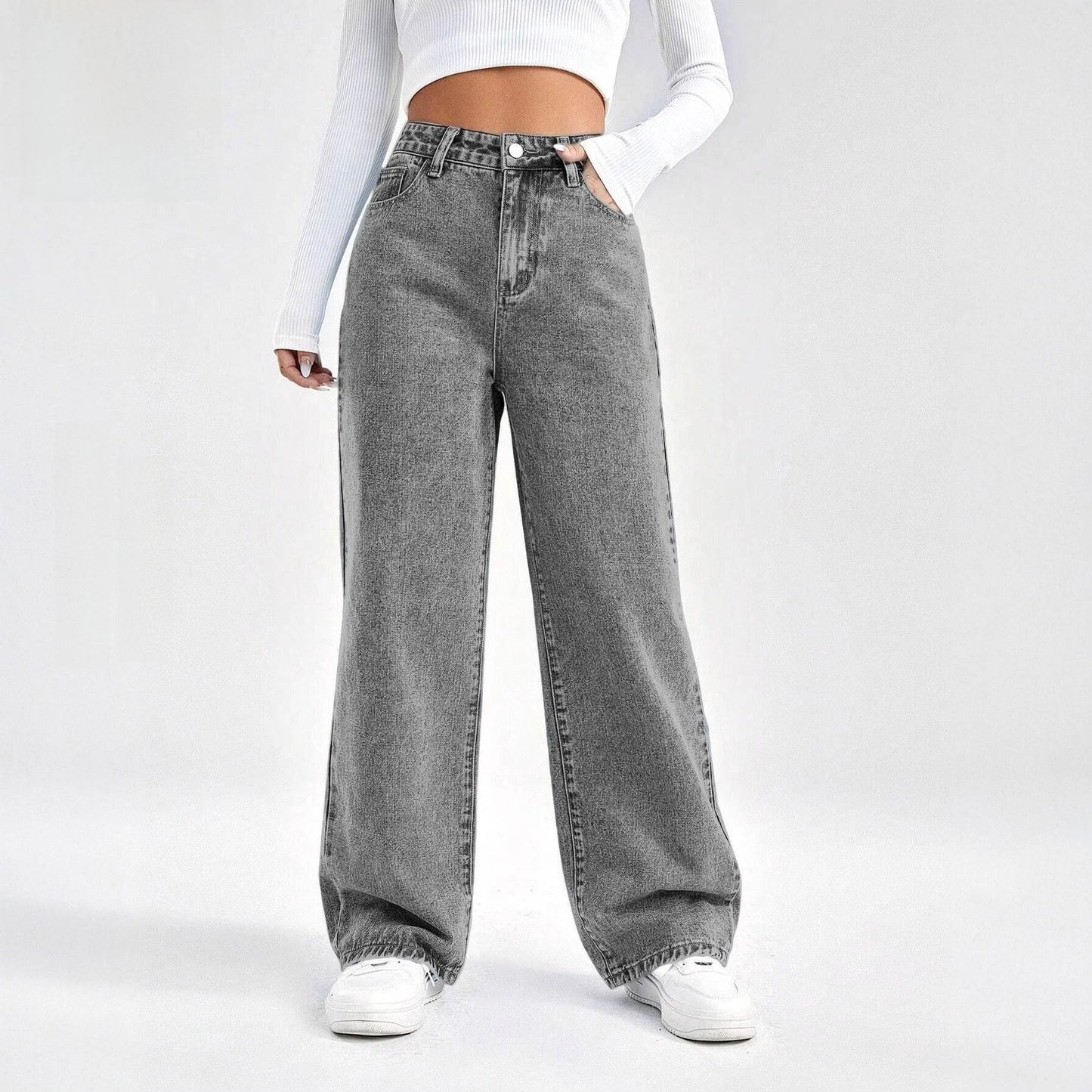 High Waist Loose Wide Leg Grey Washed Women's Jeans Comfortable Casual Street Style Denim Pants High Waist Loose Fit Jeans