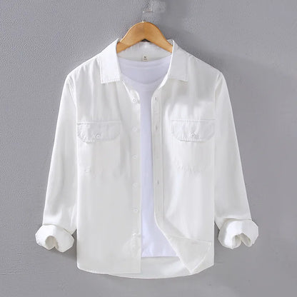 Men's Spring Autumn Long Sleeve Pure Color Cotton Casual Shirt Loose Fit Fashion Outerwear Workwear Style Zipper Closure