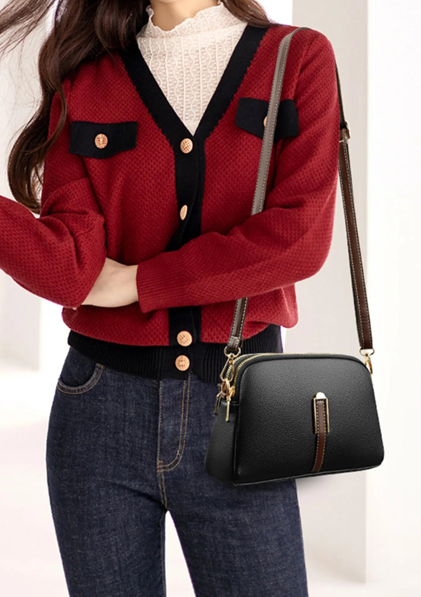 Ladies' new trendy crossbody bag shoulder bag square leather solid color bag fashionable and versatile phone bag buckle