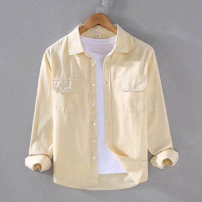 Men's Spring Autumn Long Sleeve Pure Color Cotton Casual Shirt Loose Fit Fashion Outerwear Workwear Style Zipper Closure