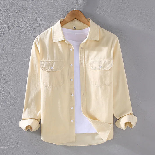 Men's Spring Autumn Long Sleeve Pure Color Cotton Casual Shirt Loose Fit Fashion Outerwear Workwear Style Zipper Closure