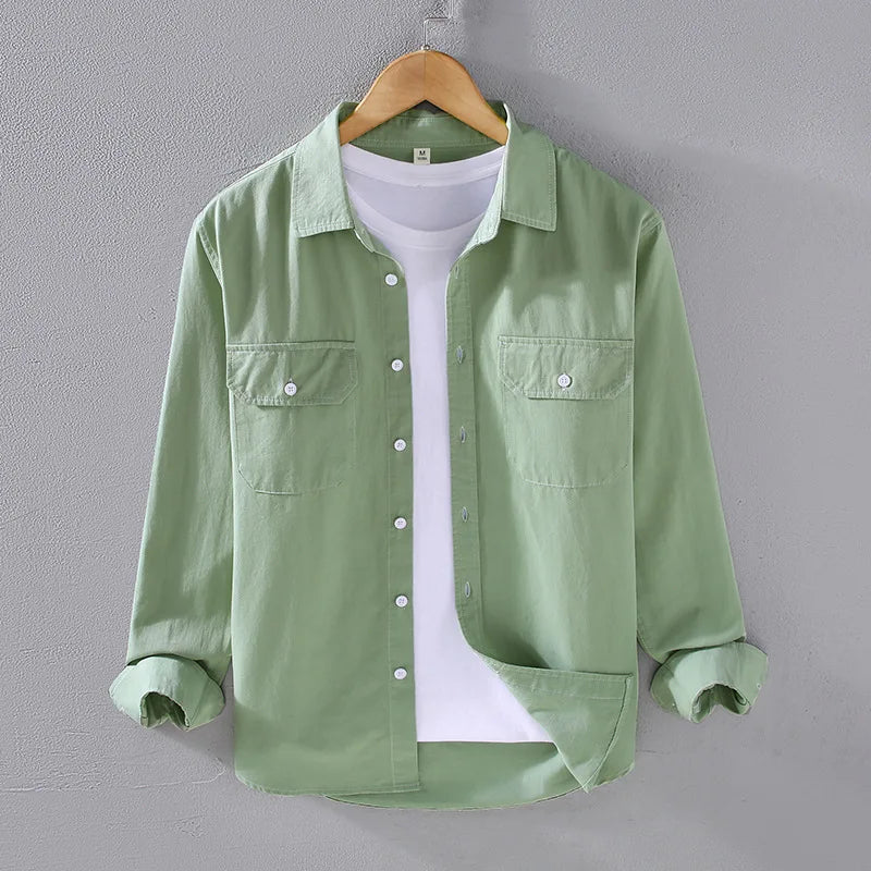 Men's Spring Autumn Long Sleeve Pure Color Cotton Casual Shirt Loose Fit Fashion Outerwear Workwear Style Zipper Closure
