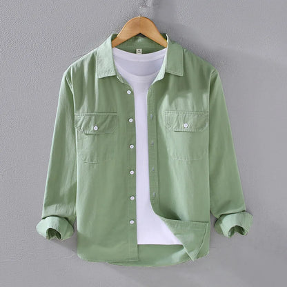Men's Spring Autumn Long Sleeve Pure Color Cotton Casual Shirt Loose Fit Fashion Outerwear Workwear Style Zipper Closure