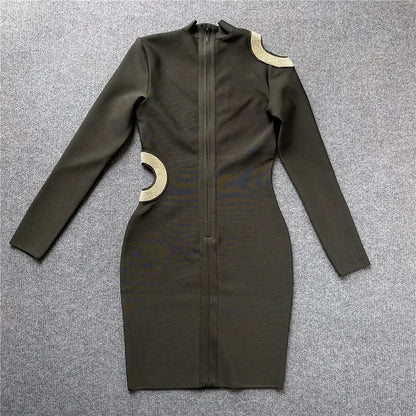 Women Sexy Hollow Out Beading Bandages Dress Long Sleeve Bodycon Clothes Club Party Celebrity Mini Dresses