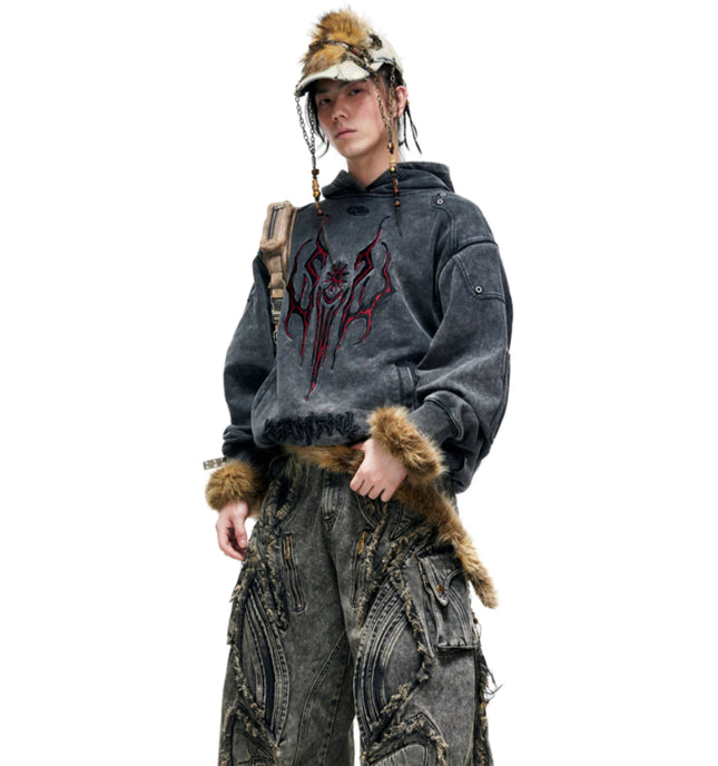 Tribal 3D Embroidered Washed Distressed Hoodie Heavy Weight Gray Sweatshirt