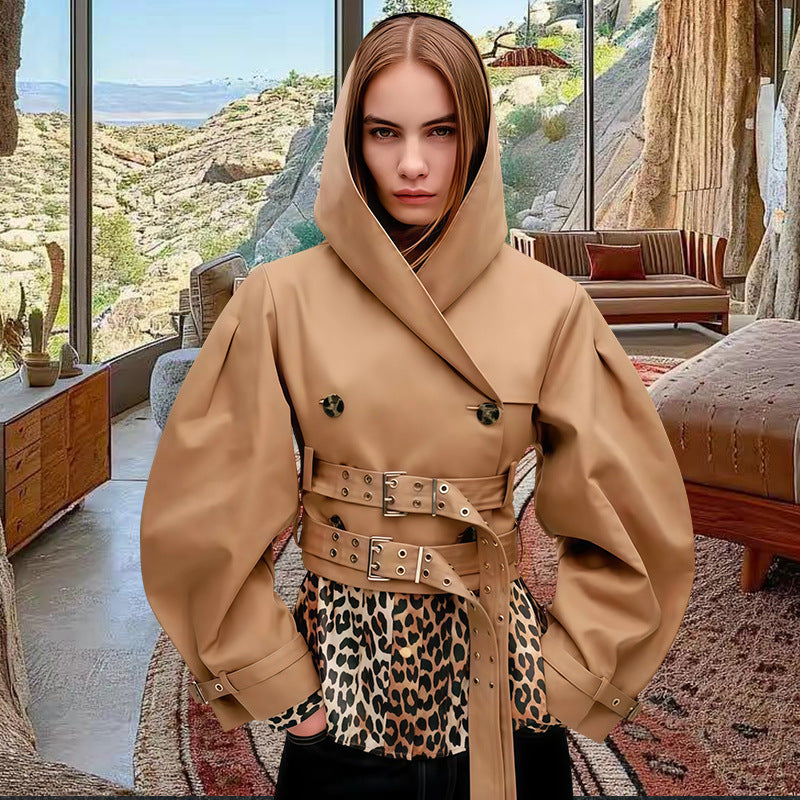 Loose-fitting Versatile Hooded Jacket Short Urban-style Khaki Top