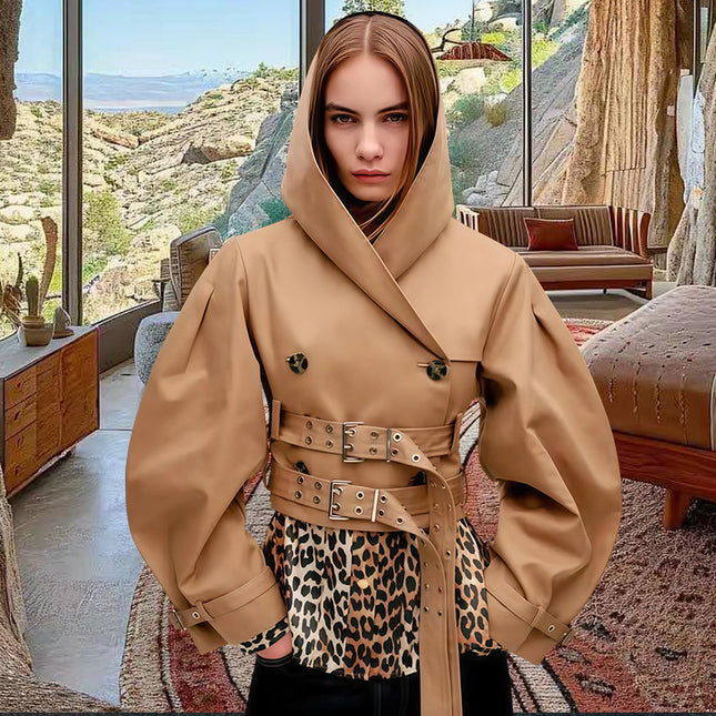 Loose-fitting Versatile Hooded Jacket Short Urban-style Khaki Top