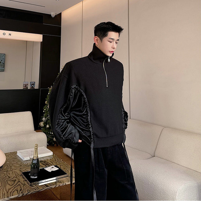 Men's Knitted Stitching Drawstring Ribbon Zipper Sweater