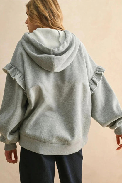 Grey Contrast Knot Drawstring Ruffled Drop-shoulder Loose Sweatshirt
