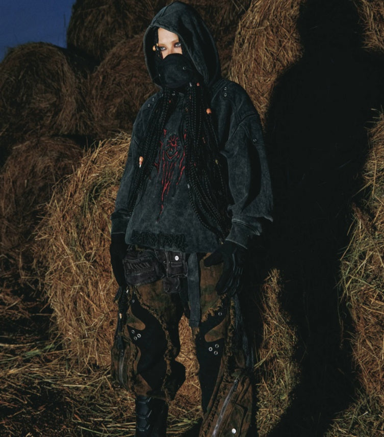 Tribal 3D Embroidered Washed Distressed Hoodie Heavy Weight Gray Sweatshirt