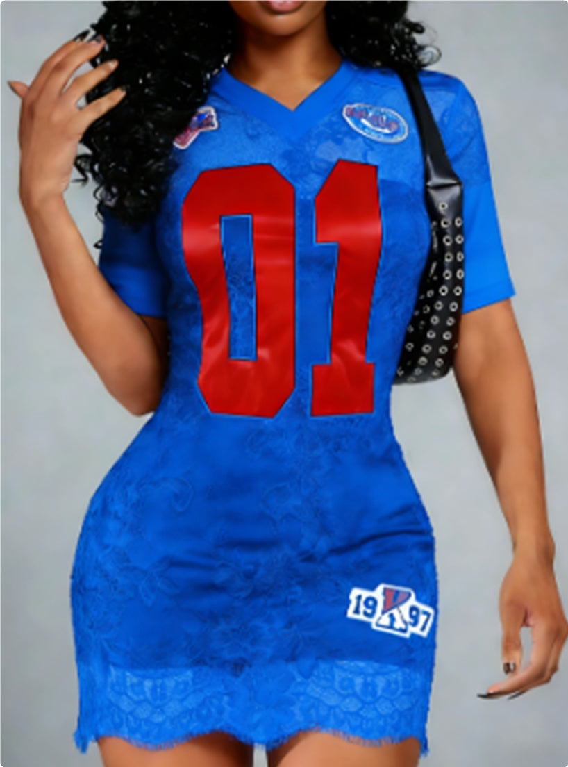 Women's Fashionable And Sexy Lace Embroidered Letter Short-Sleeve Dress