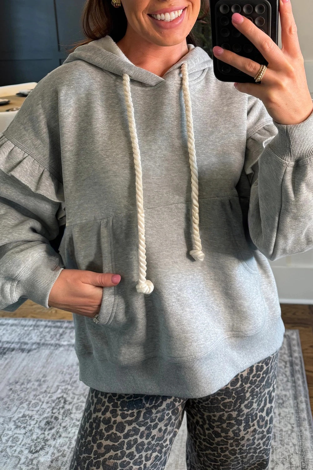 Grey Contrast Knot Drawstring Ruffled Drop-shoulder Loose Sweatshirt