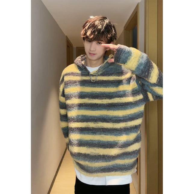 Fashion Trend Round Neck Striped Sweater Hooded