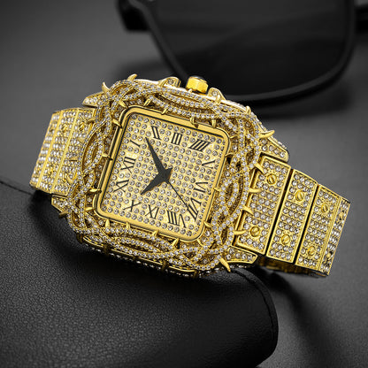 European Hip Hop Ice Watch Thorn Dial Inlaid Zircon Square Full Diamond Men's Quartz Watch
