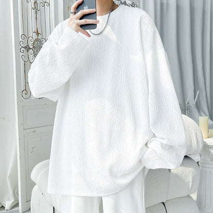 Crew-neck Long-sleeve T-shirt With A Simple Ruffled Design For Layering