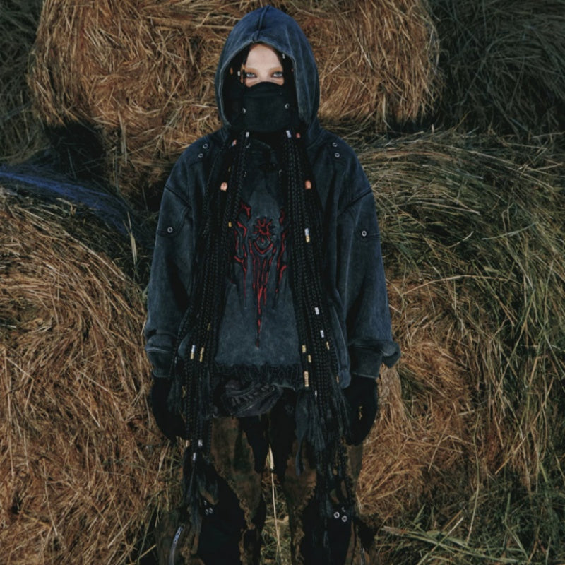 Tribal 3D Embroidered Washed Distressed Hoodie Heavy Weight Gray Sweatshirt