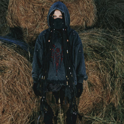 Tribal 3D Embroidered Washed Distressed Hoodie Heavy Weight Gray Sweatshirt