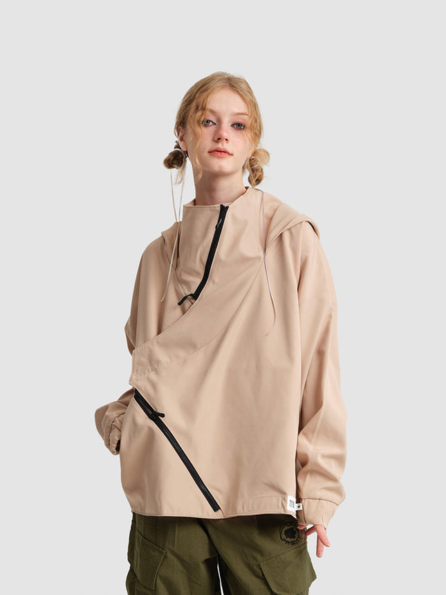 Diagonal Zipper Hooded Coat Loose For Men And Women