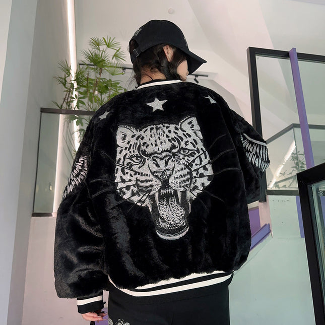 Men's Plush Black Loose Cotton Coat Baseball Jacket