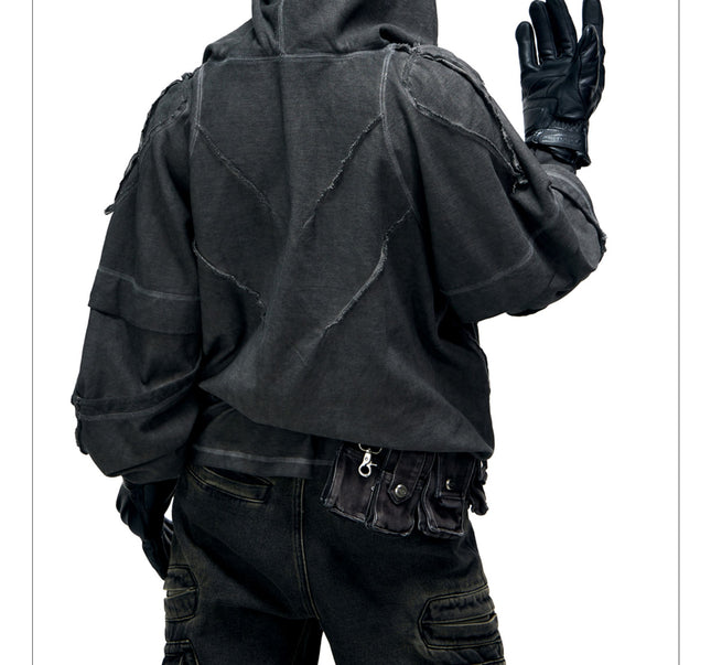 Split Structure Fried Dyeing Distressed Hooded Sweater For Men